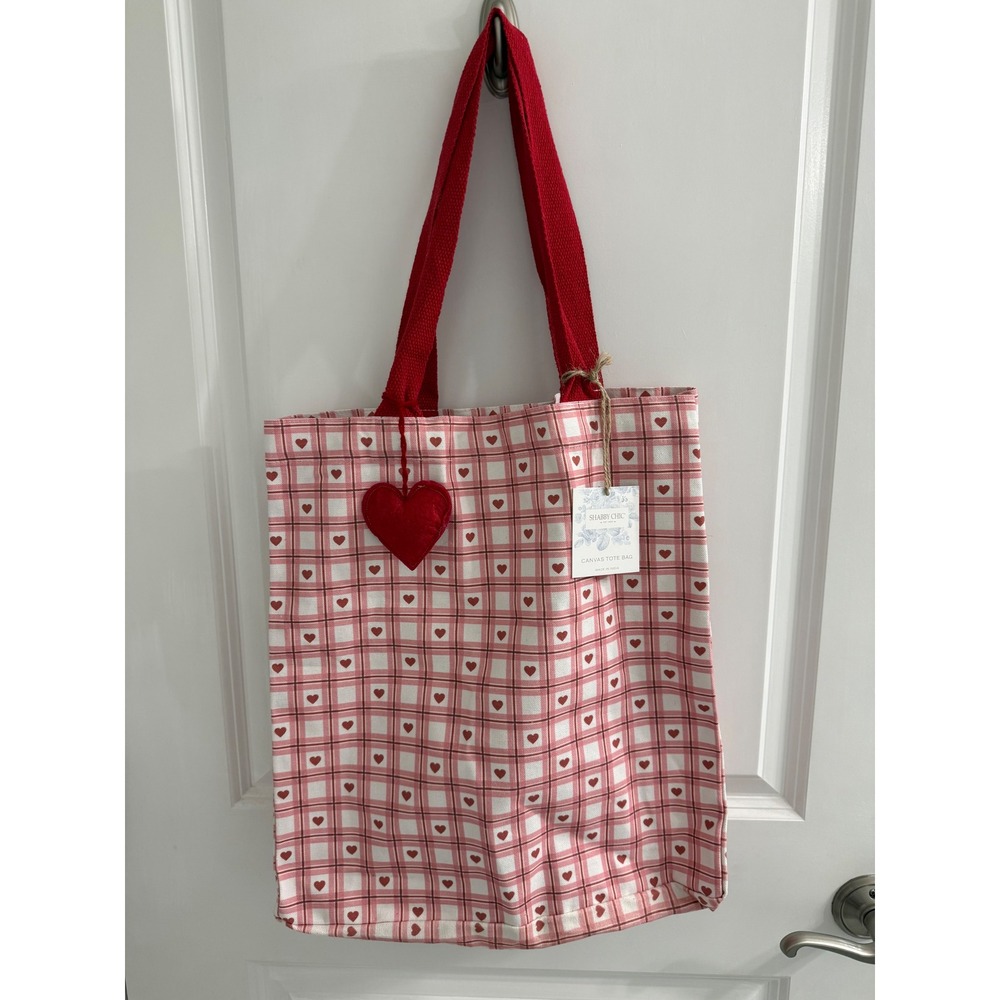 Shabby Chic Pink Plaid Heart Canvas Tote Bag Red Shopper NWT